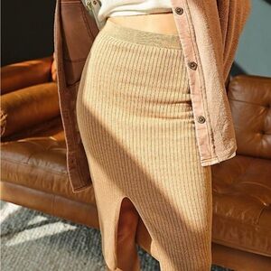 Free People Skyline Ribbed Knit  Skirt with Front Slit Tan Large